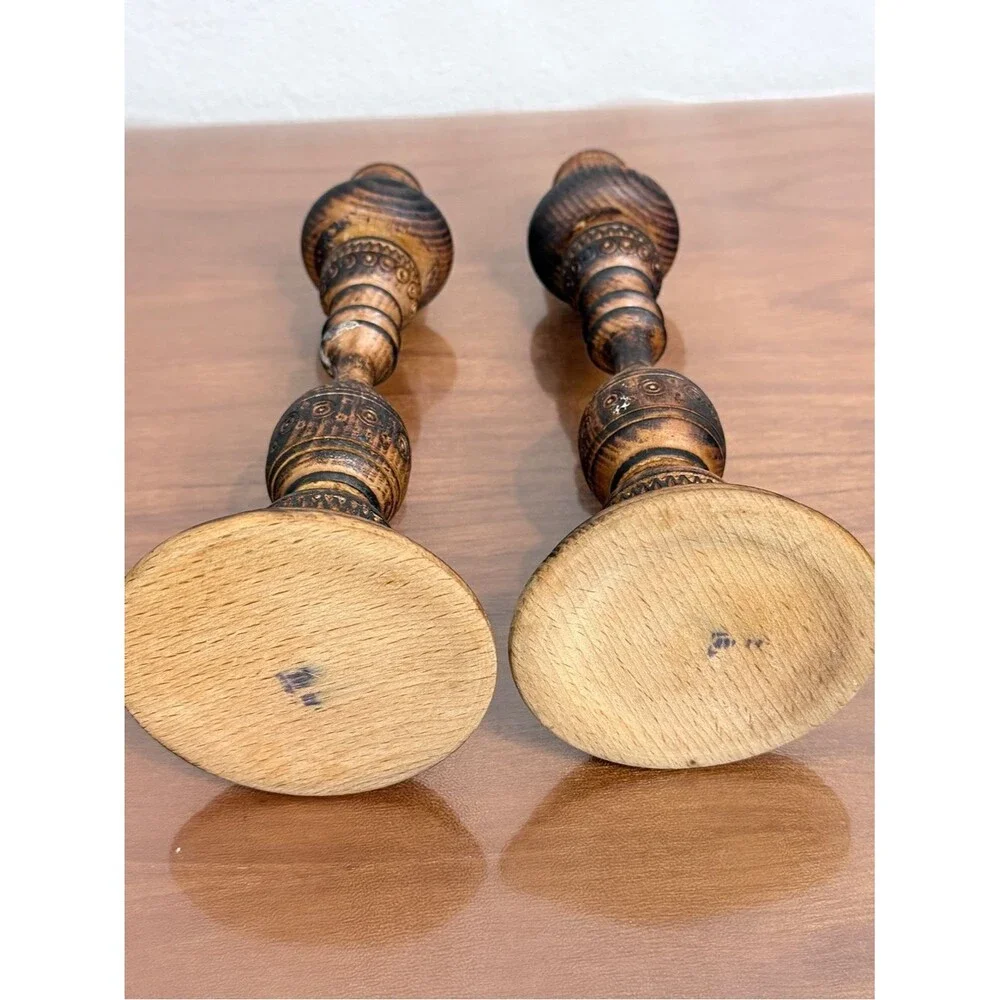 2 Carved Distressed Wood-Burned Turned Wood Candle Holders 10”
